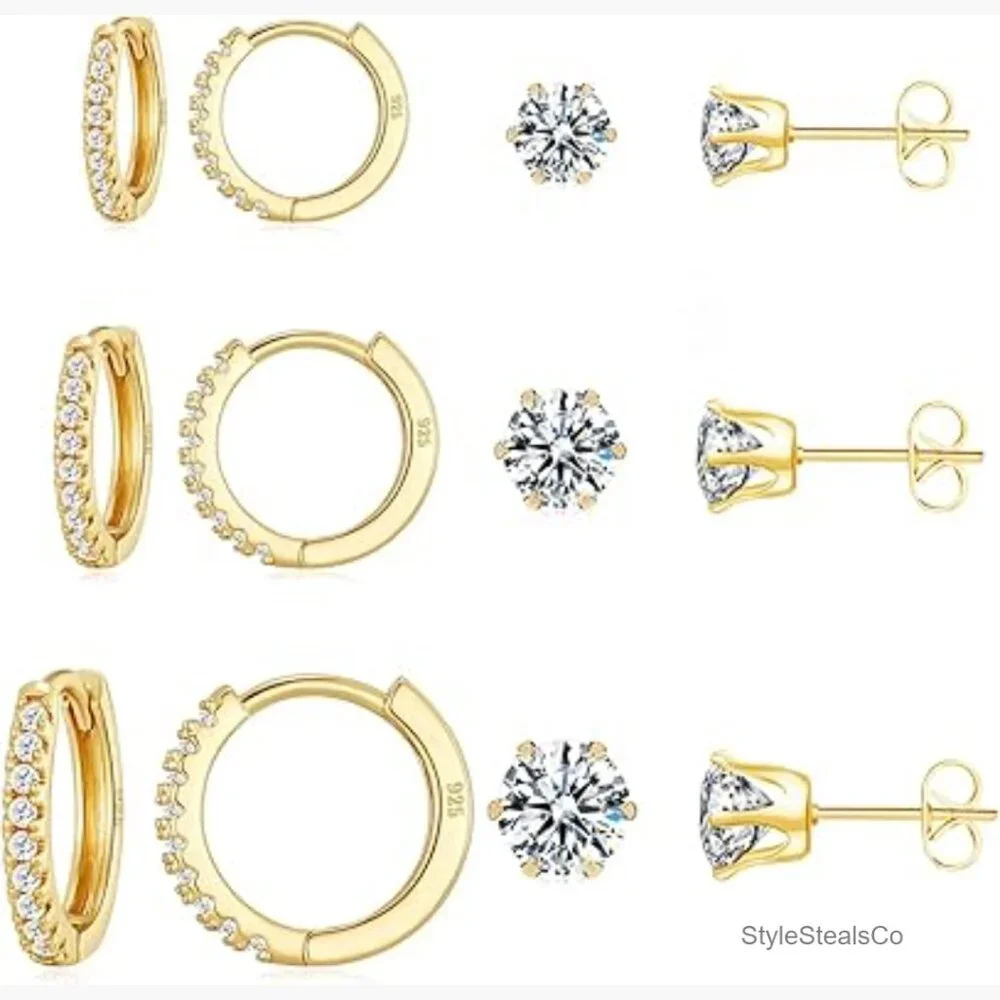 14K Gold Plated Hypoallergenic Hoop & Stud Earrings Set, 8-12mm